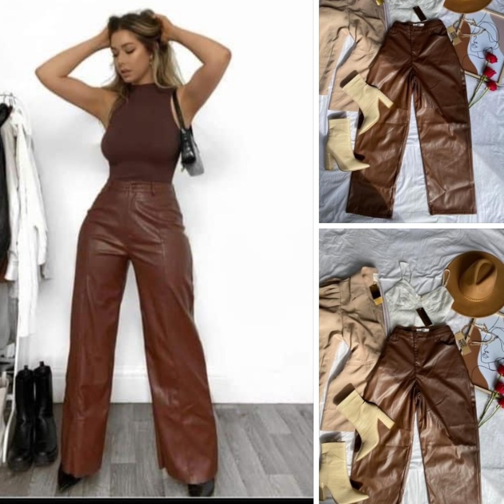 NWT Faux leather High waist wide leg  pants Dark brown size M - Picture 5 of 16